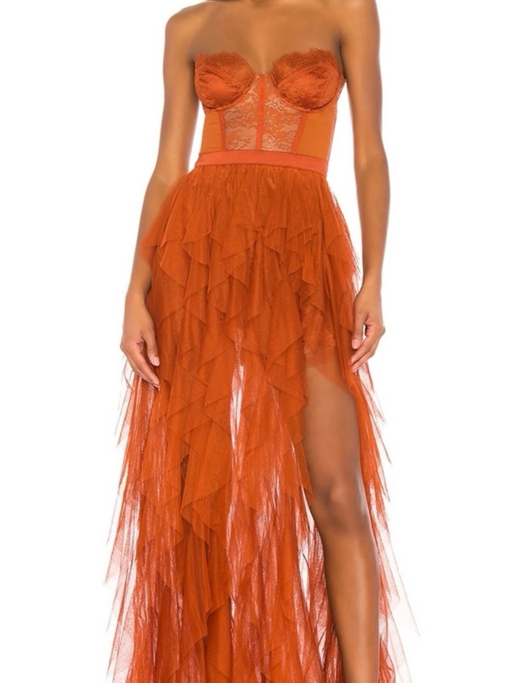For Love And Lemons Rust Orange One-Shoulder Ruffled Tulle Gown